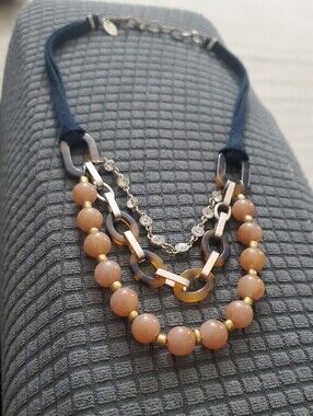 Vintage ANN TAYLOR Peach Beaded, Tortoiseshell/Silver-Marchasite Layer Necklace